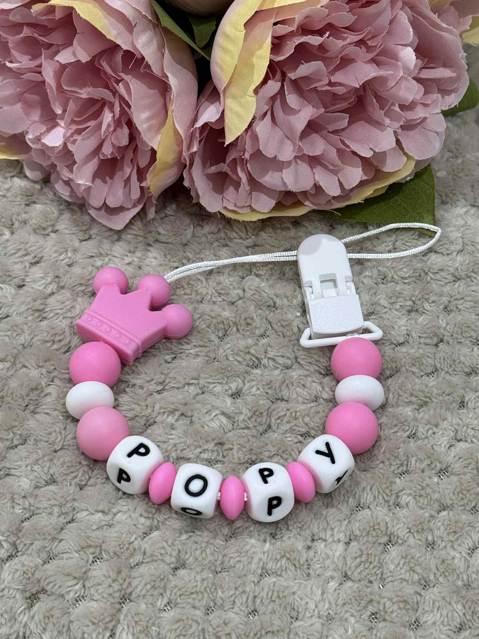 Personalised Dummy holder, Pacifier chain, Mam dummy clip new baby gift - CROWN
