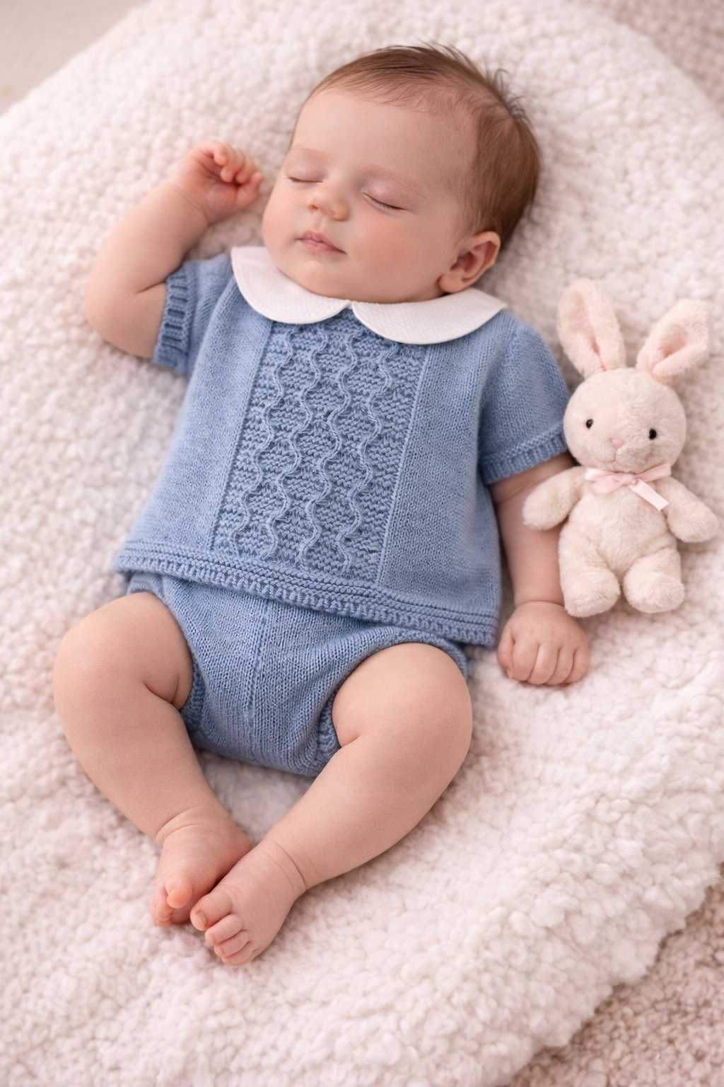 Adorable 2-piece Spanish knit summer outfit in sky blue. Features Peter Pan collar top with lace detail and matching bloomers. Perfect for warm weather.
