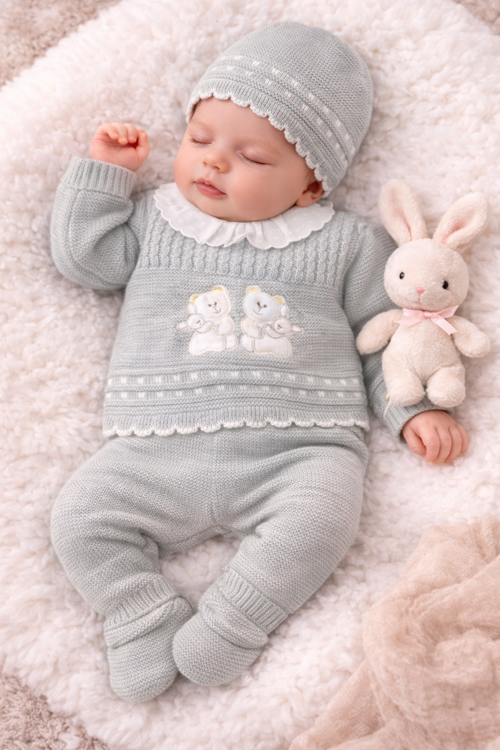 Adorable 3-piece Spanish knit baby set in grey with bunny appliqué. Includes jumper, trousers & hat in premium gift box. Perfect newborn gift for special occasions.
