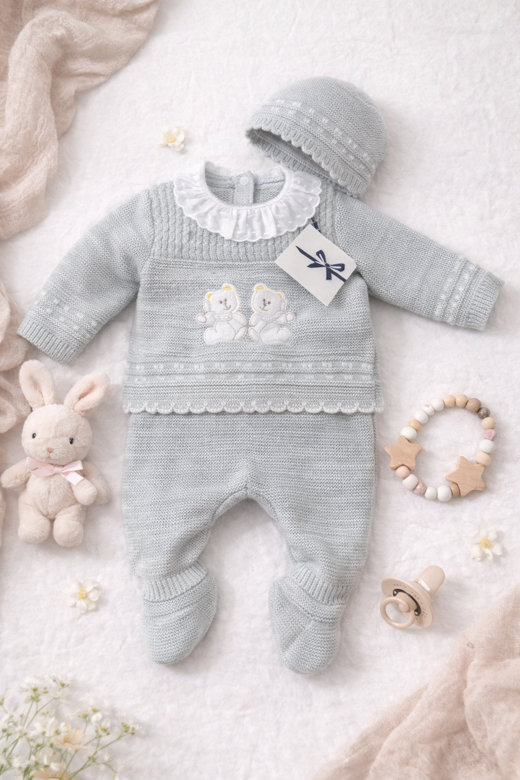 Adorable 3-piece Spanish knit baby set in grey with bunny appliqué. Includes jumper, trousers & hat in premium gift box. Perfect newborn gift for special occasions.