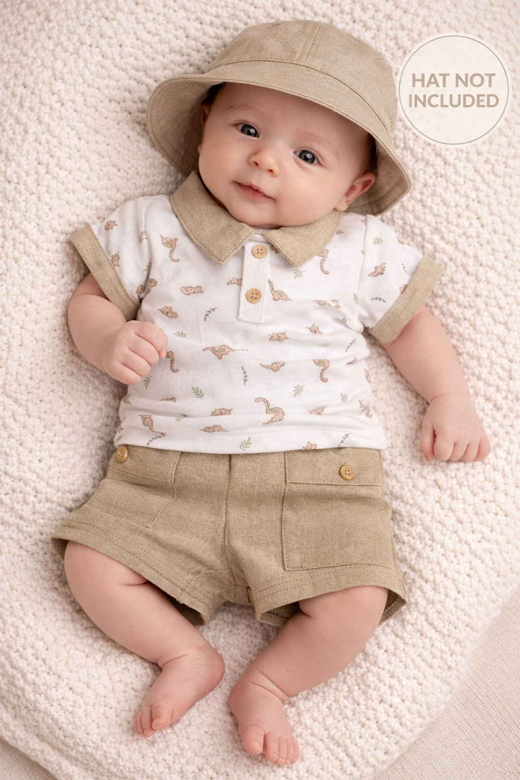Baby wearing a white shirt with animal prints and beige shorts, lying on a textured surface.