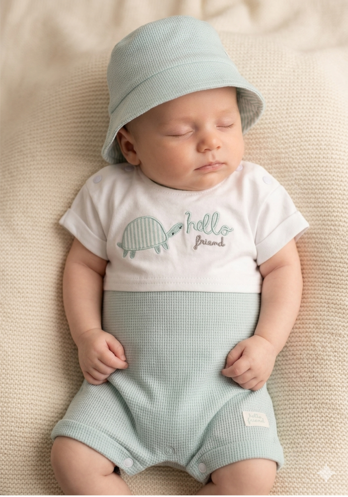 Baby wearing a white shirt with a design and text, light blue shorts, and a matching hat on a beige surface.