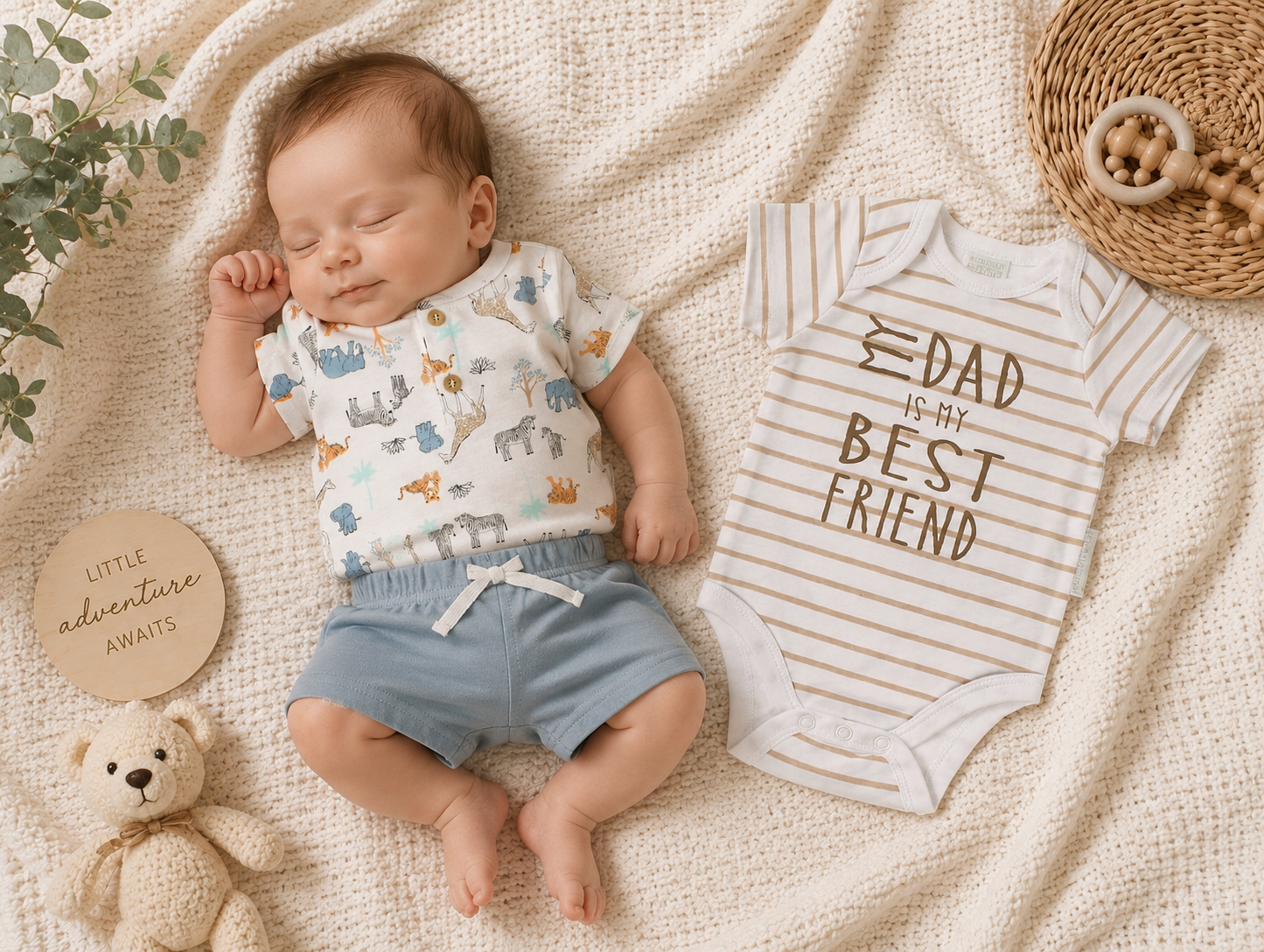 Newborn baby lying on a textured blanket with a onesie and teddy bear.