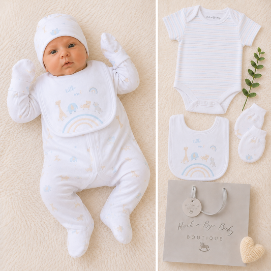 A baby outfit set displayed on a soft cream background, featuring a newborn baby wearing a white footed sleeper with a bib, alongside flat-lay views of the matching white bodysuit, bib, booties, and a shopping bag from 'Rumors By Baby Boutique'.
