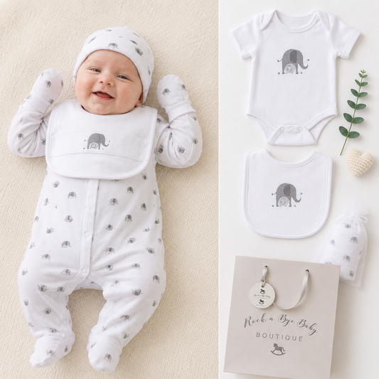 A baby wearing a white footed sleeper, bib, and hat with small gray elephant prints, shown lying on a cream fabric background beside a flat lay of the same outfit pieces and a branded gift bag. The visible text on the bag reads 'Nook a Bye Baby Boutique'.