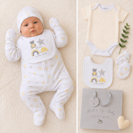 A baby clothing set displayed on a soft cream background, featuring a newborn wearing a white footed sleeper with yellow star prints and a matching bib, alongside flat-lay views of the same outfit including a cream bodysuit, white bib, white booties, and a gray shopping bag from 'Rush a Bye Baby Boutique'.