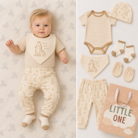 A baby clothing set displayed on a soft patterned background, with a baby wearing the outfit on the left and the matching pieces laid out on the right. The set includes a short-sleeve striped bodysuit, matching pants with giraffe prints, a bib, a beanie, socks, and booties in warm beige, cream, and tan tones.