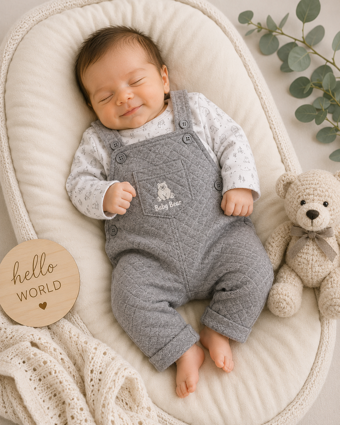 Newborn baby wearing Baby Bear grey quilted dungarees with embroidered chest pocket and white woodland animal print long-sleeve bodysuit