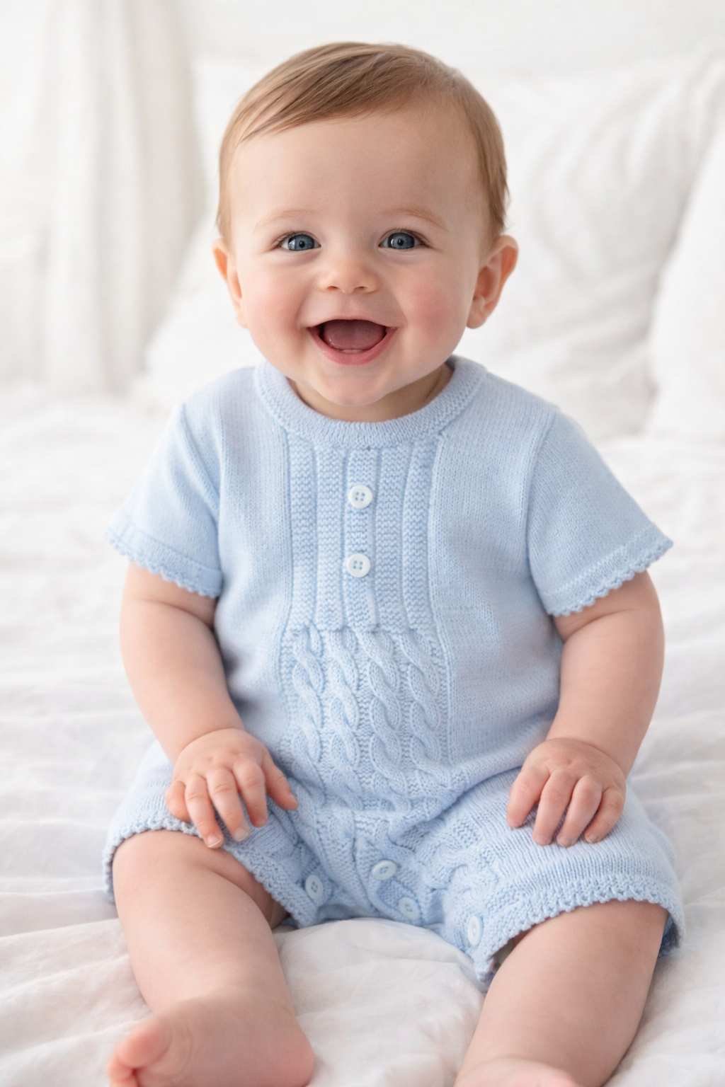 Baby wearing a light blue knitted romper sitting on a white surface