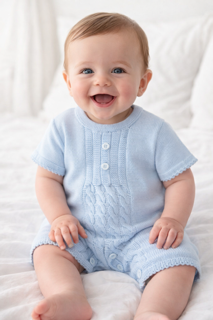 Baby wearing a light blue knitted romper sitting on a white surface