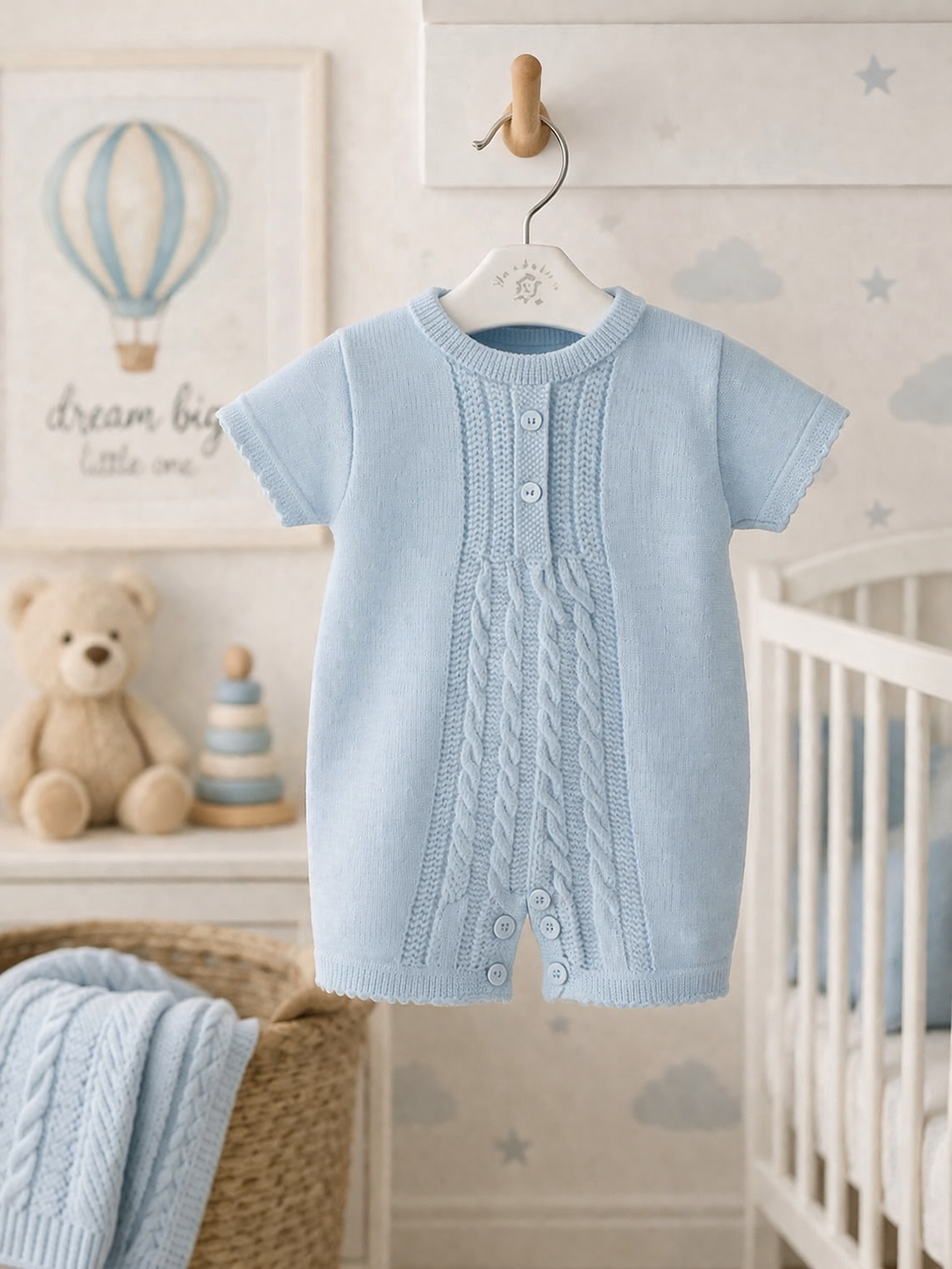 Light blue baby romper on a hanger in a nursery setting with teddy bear and toys.