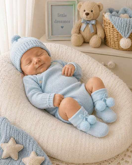 Newborn baby in blue outfit with pom-pom details, surrounded by soft toys and decor.