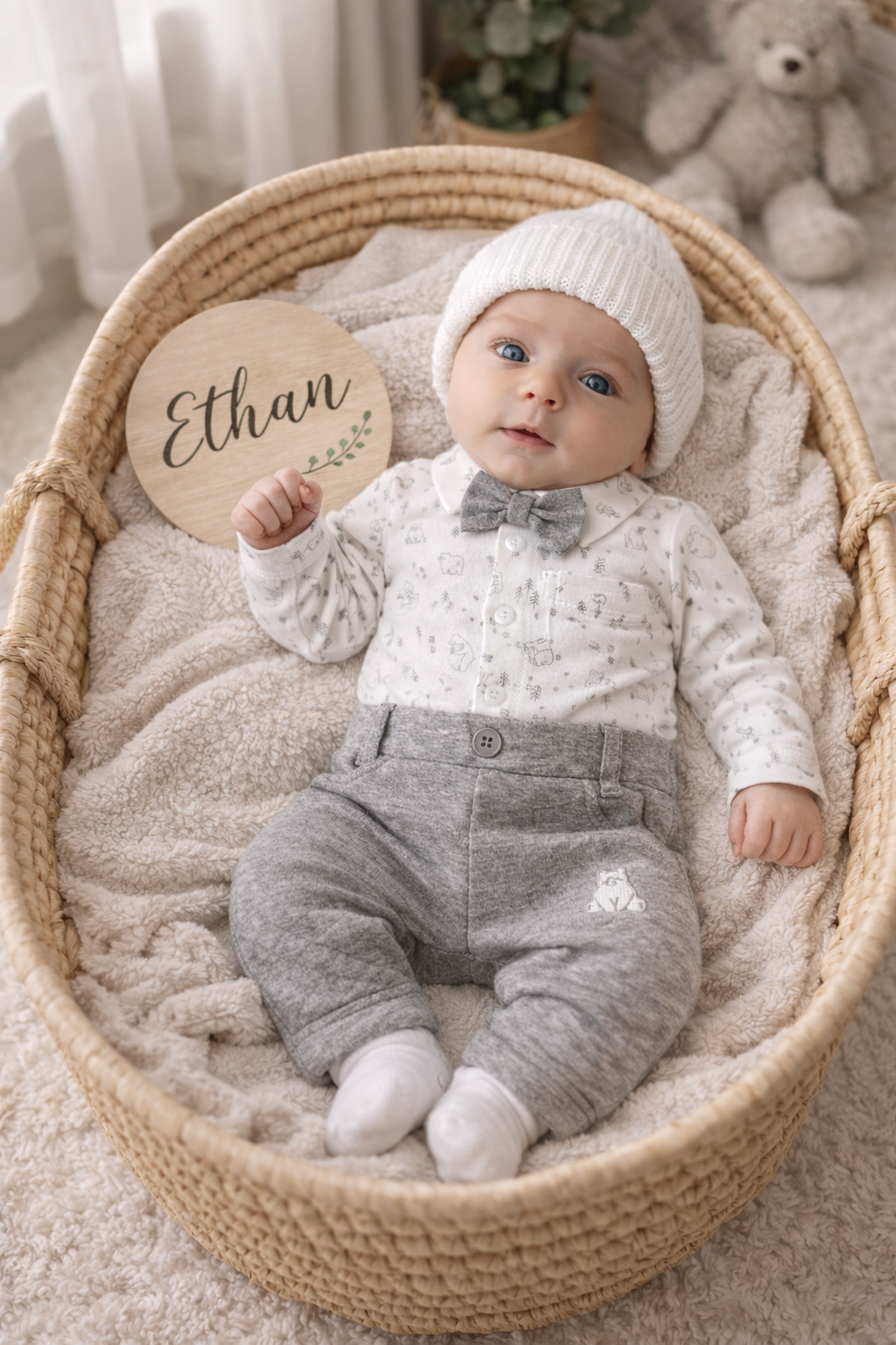 Baby in a basket wearing a white outfit and gray pants, with a name plaque in the background.