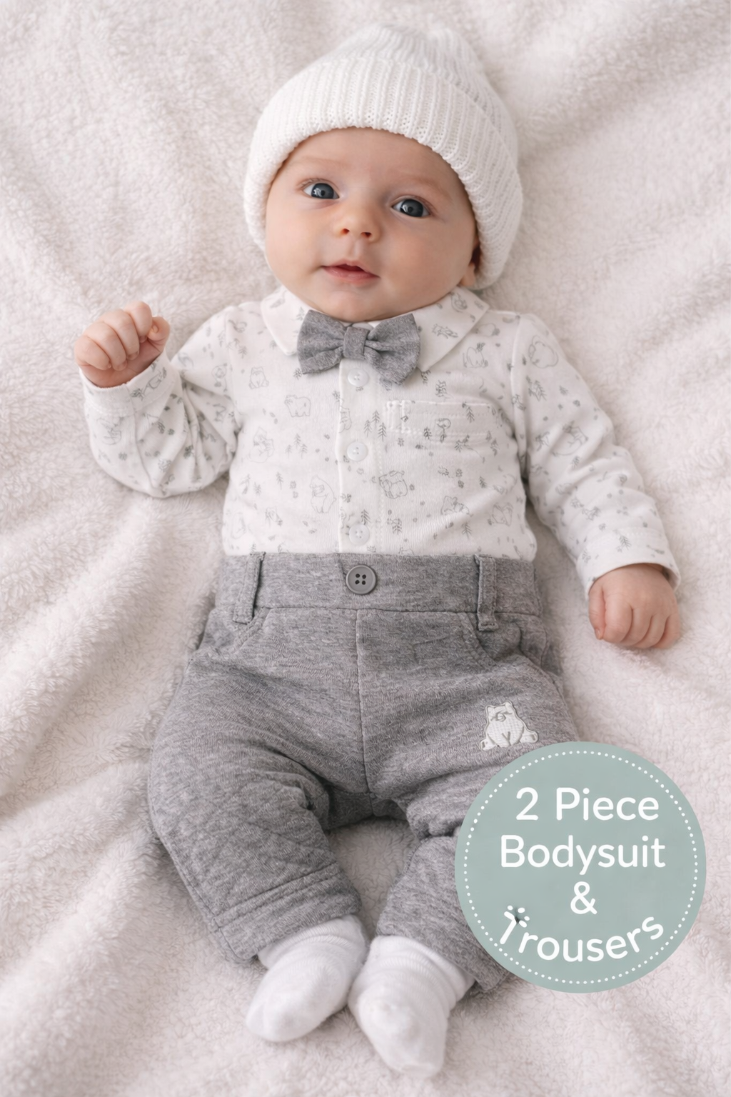 Baby in a white outfit with gray pants and a bow tie, lying on a soft surface.