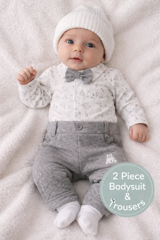 Baby in a white outfit with gray pants and a bow tie, lying on a soft surface.