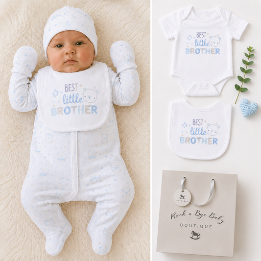 A baby wearing a white footed sleeper, hat, and mittens with a bib printed 'BEST little BROTHER' in blue, shown beside flat-lay views of the same outfit set and a gift bag from Peek + Bye Bye Boutique.