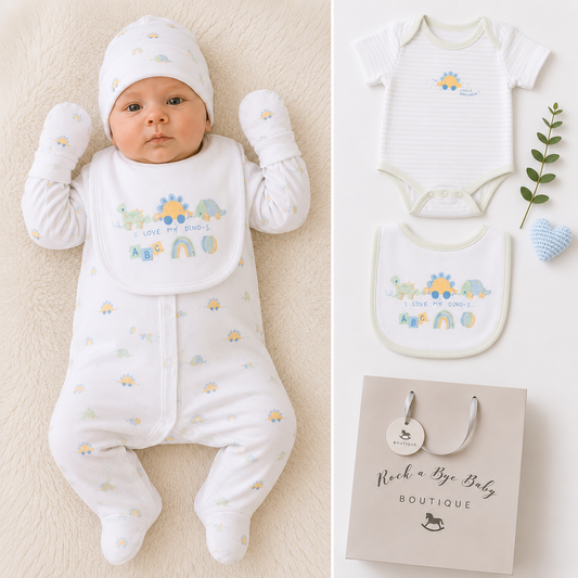 A baby wearing a white footed sleeper, bib, and mittens set with a dinosaur print, shown next to the matching outfit pieces and a shopping bag from Rock 'n Bye Baby Boutique.