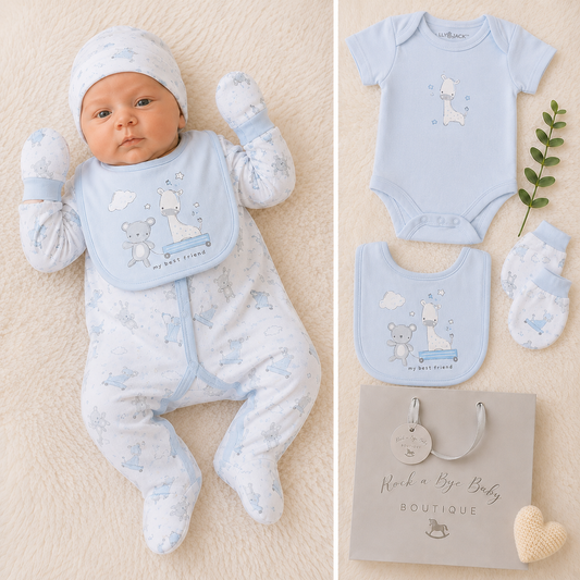 A baby clothing set shown on a split layout: a newborn wearing a light blue footed sleeper with matching hat, bib, and mittens, plus a flat lay of the same outfit pieces. The set includes a light blue bodysuit, matching bib, booties, and mittens, with a small green leaf and gift bag as styling props.