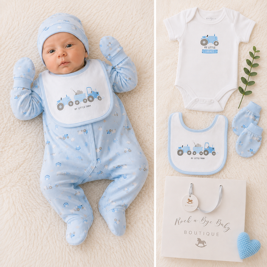 A baby outfit set displayed on a soft cream background, featuring a baby wearing a light blue footed sleeper and matching hat with a white bib printed with a blue tractor illustration. To the right, matching products are laid out: a white short-sleeve bodysuit, a white bib, light blue socks, a gift bag, and a small heart-shaped accessory.