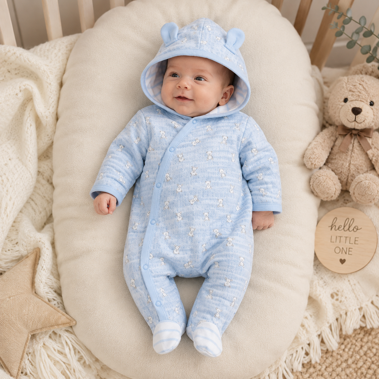 Baby boy wearing blue all-over teddy bear print hooded pramsuit with 3D bear ears and white contrast footed feet