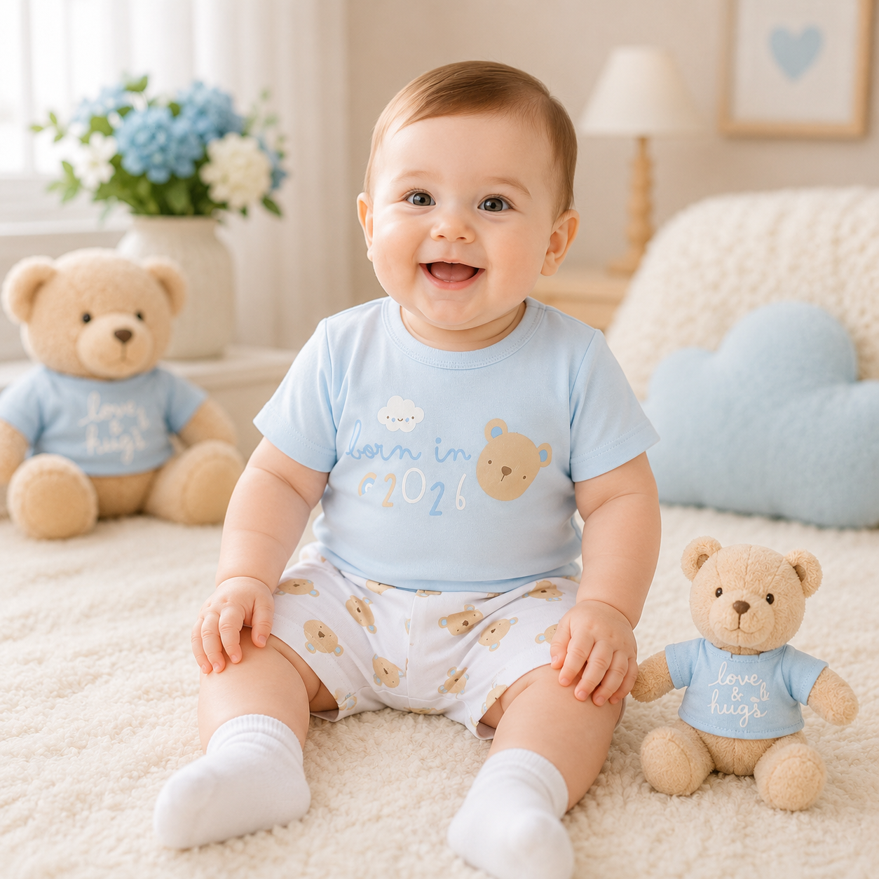 Baby boy wearing blue Born in 2026 teddy bear top and white teddy print shorts, sitting with matching mini plush teddy bear toy