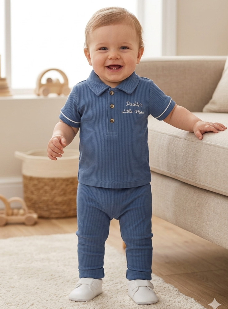 Baby boy wearing steel blue ribbed polo shirt with Daddy's Little Man embroidery and matching ribbed jogger trousers