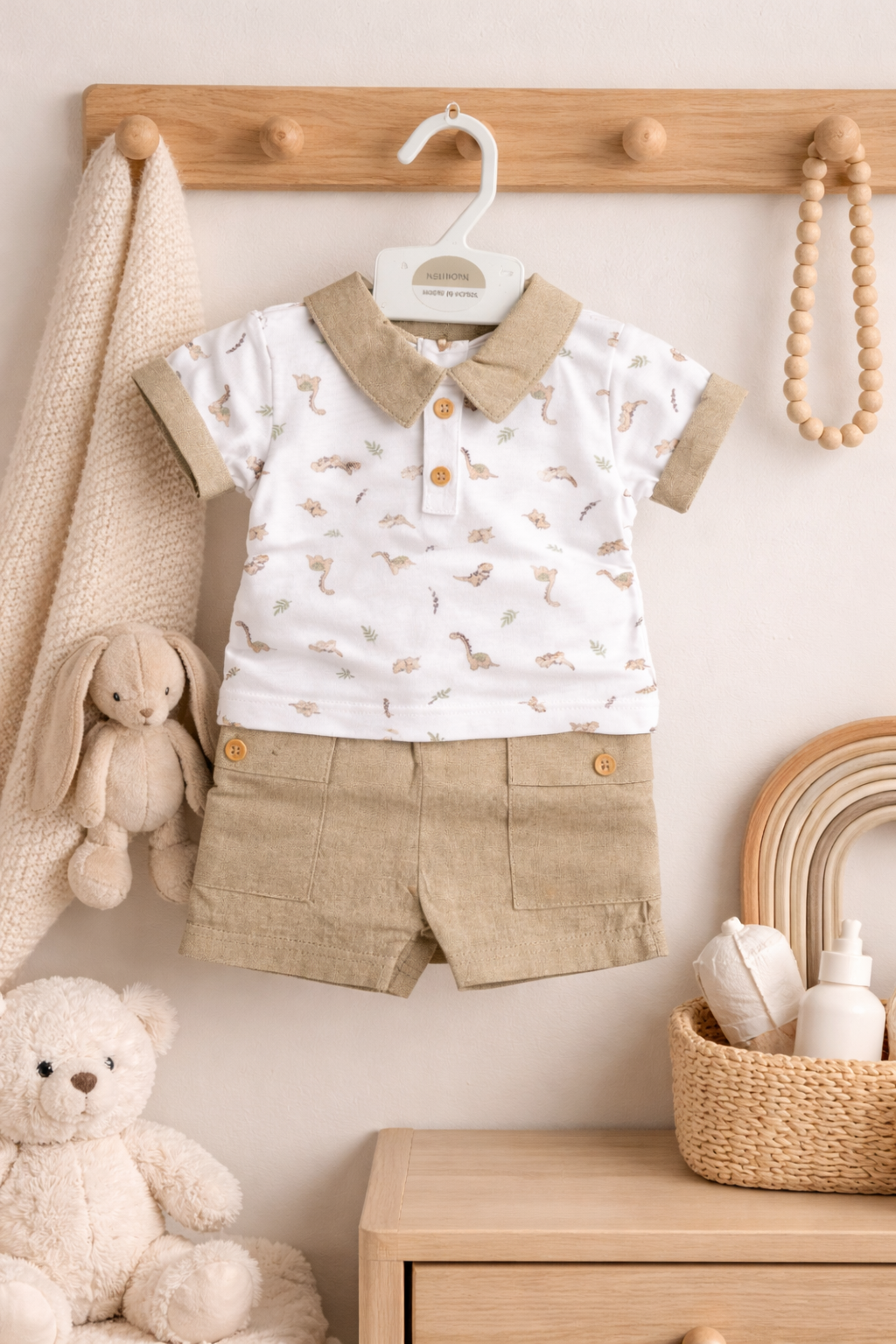 Children's outfit with white shirt and beige shorts hanging on a wooden rack in a nursery.