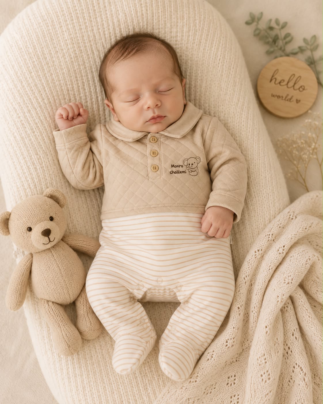 Baby boy wearing beige quilted koala romper with polo collar and cream stripe footed legs