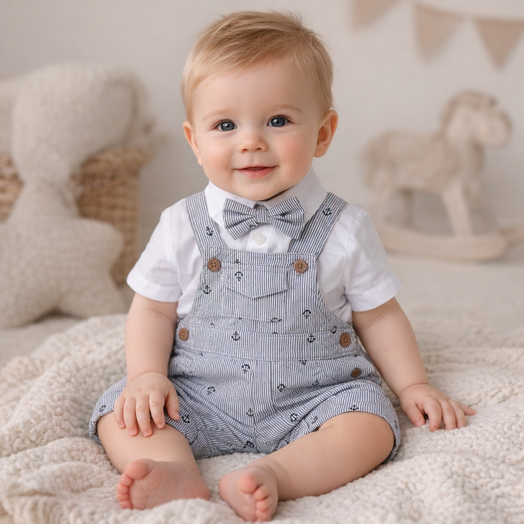 Baby boy wearing white shirt with striped bow tie and navy anchor print stripe dungaree shorts with button straps