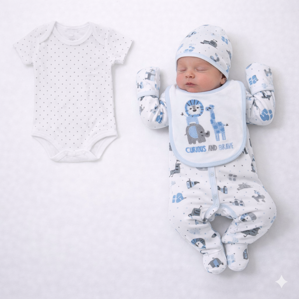 Newborn baby in animal-themed outfit with matching onesie and bib on a white background