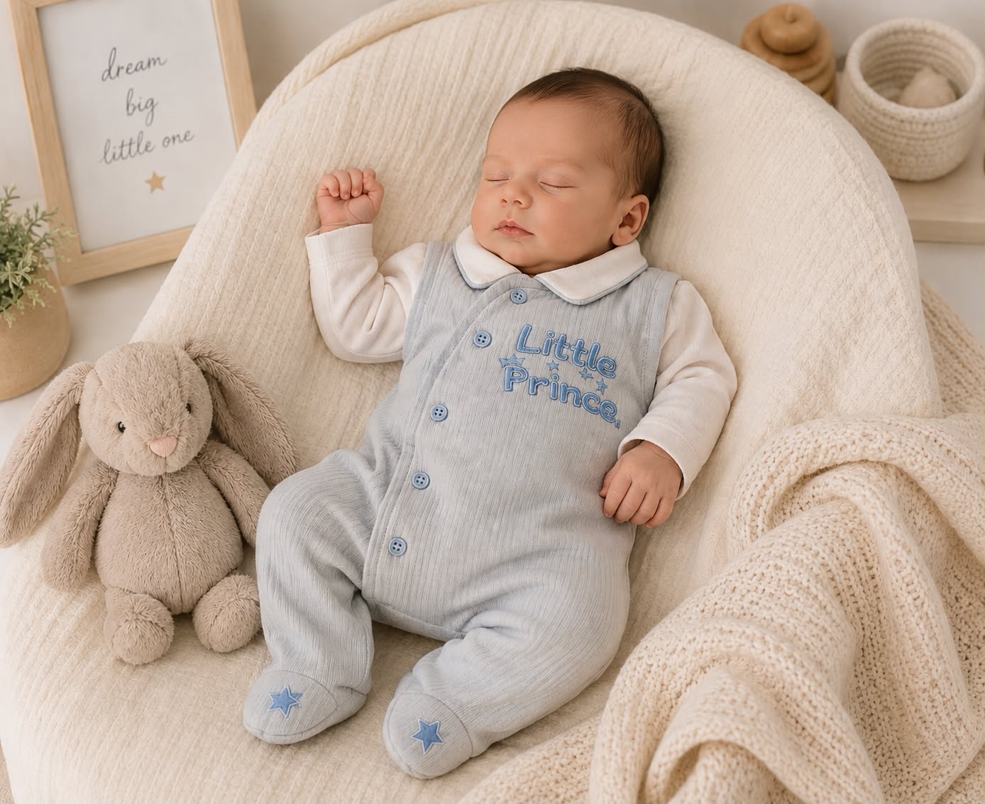 Baby boy wearing blue ribbed velour Little Prince Spanish sleepsuit with white Peter Pan collar and star detail
