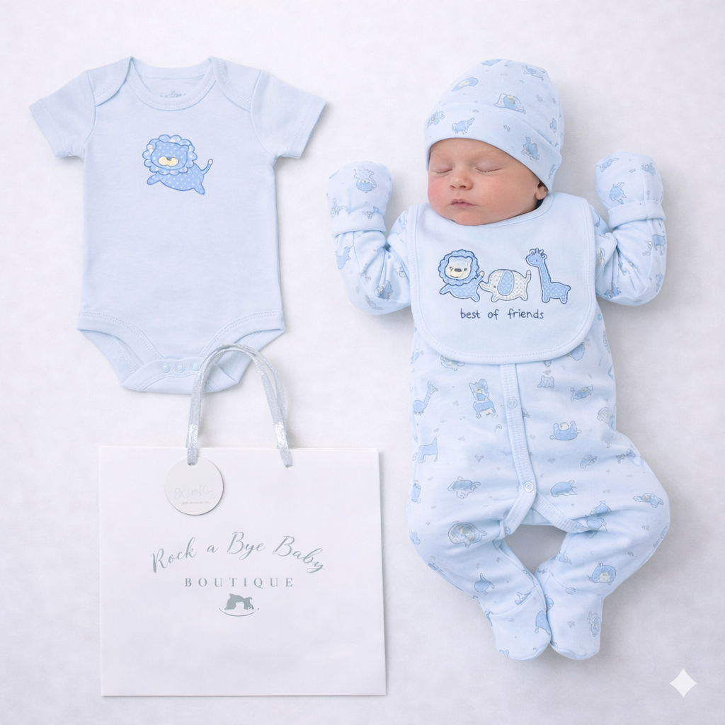 Baby outfit set with blue onesie, bib, hat, and booties on a white background with 'Rock a Bye Baby Boutique' branding.
