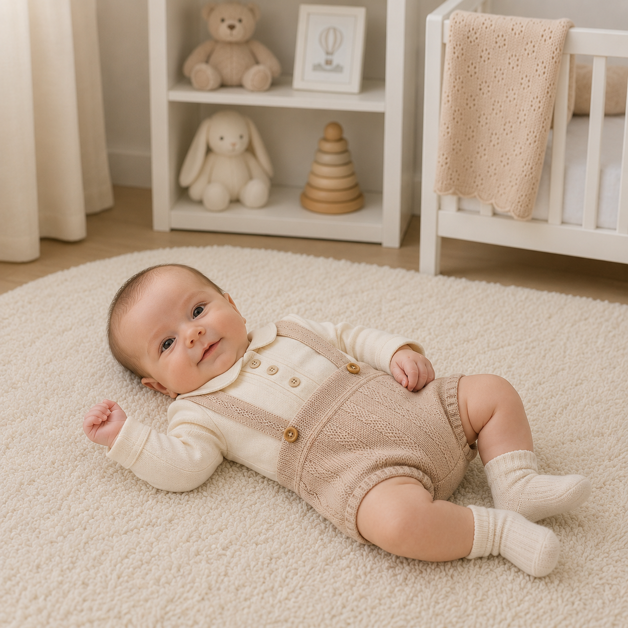 Baby lying on a rug in a nursery with toys and furniture.