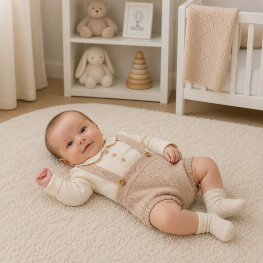 Baby lying on a rug in a nursery with toys and furniture.