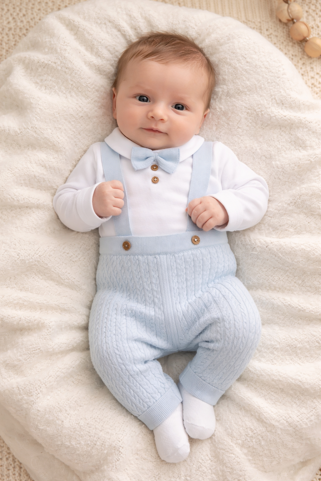 Baby wearing a light blue knitted romper with brown buttons on a white blanket