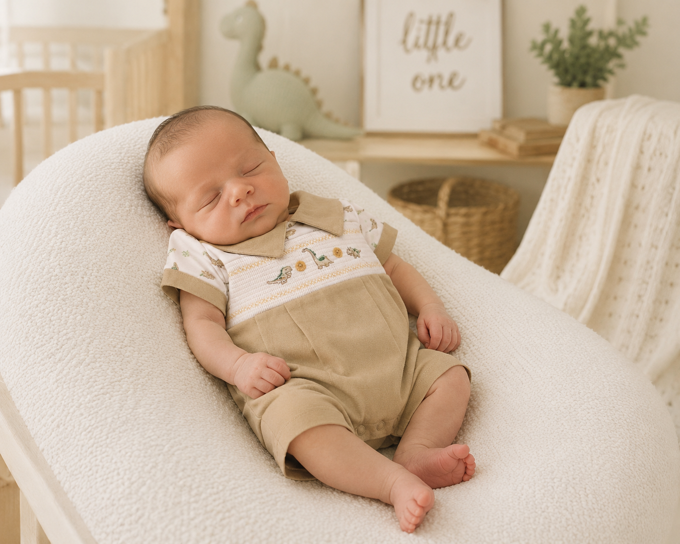 Baby sleeping in a white crib with a neutral-colored room in the background