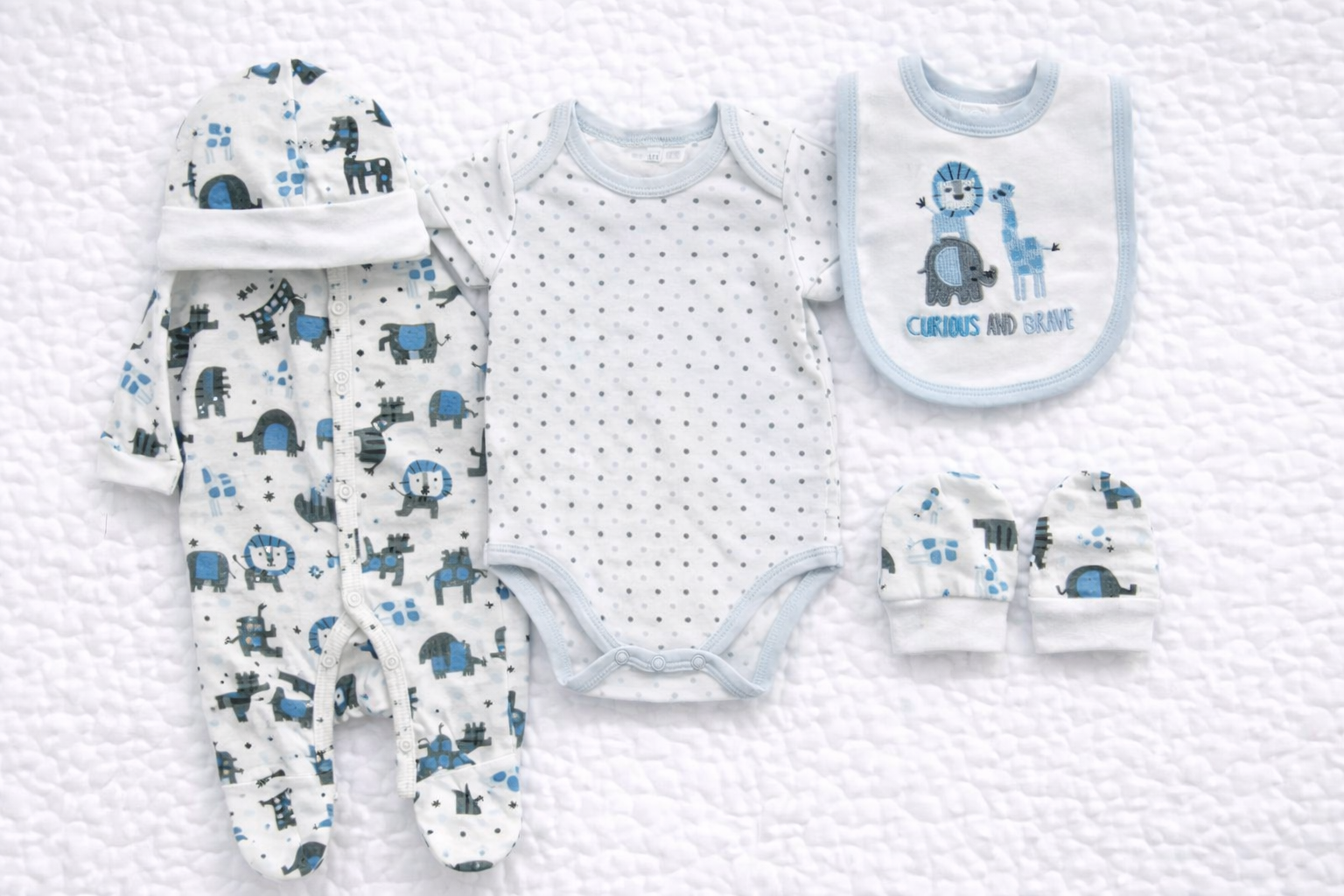 Baby boys jungle animal 5-piece matching outfit set featuring a babygrow, short sleeve bodysuit, matching bib, hat and mittens. Designed in soft white fabric with blue and grey safari animal prints including lion, elephant and giraffe, finished with coordinating polka dots. A comfortable, cute and gift-ready newborn outfit set.