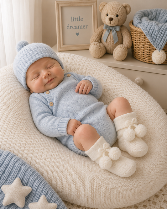 Newborn baby in blue outfit and white booties sleeping in a crib with teddy bear and decorative items.