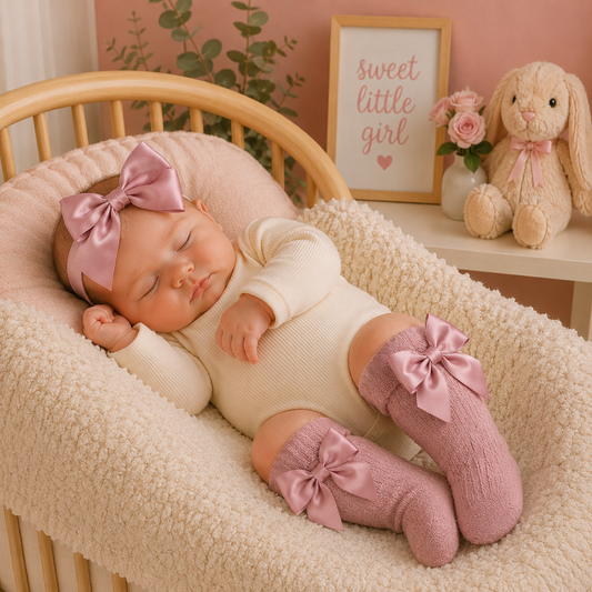 Baby in pink and white outfit with bows, sleeping in a crib.