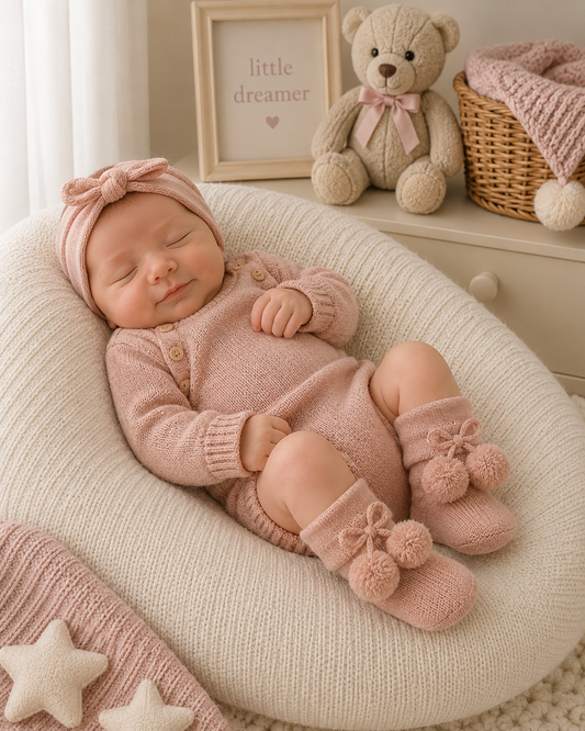 Newborn baby in pink outfit with matching headband and booties, surrounded by teddy bear and decorative items.