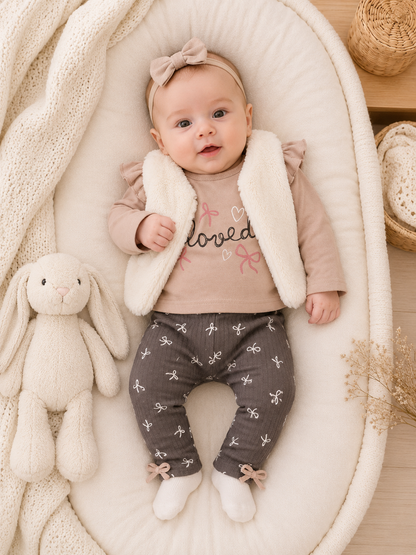 A baby lying on a cream-colored bassinet, wearing a beige long-sleeve top with 'loved' written on it, a cream faux-fur vest, dark gray patterned pants, and a matching bow headband. A cream bunny plush toy and a knit blanket are beside the baby.