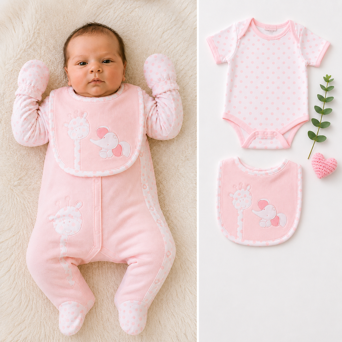 A baby wearing a pink footed sleeper with mittens and a matching bib, shown lying on a soft cream rug beside a flat lay of the same outfit with a small green sprig and pink heart prop.