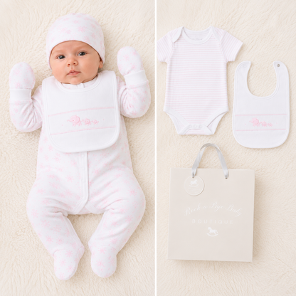 Baby Girl Ditsy Floral 5 Piece Gift Set - baby wearing floral sleepsuit with smocked bib, hat and scratch mittens