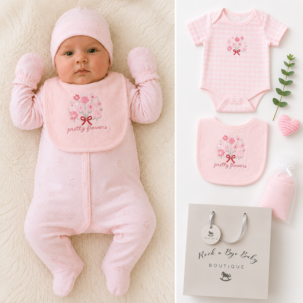 Baby Girl Pretty Flowers 5 Piece Gift Set in pink with floral bouquet and bow embroidery