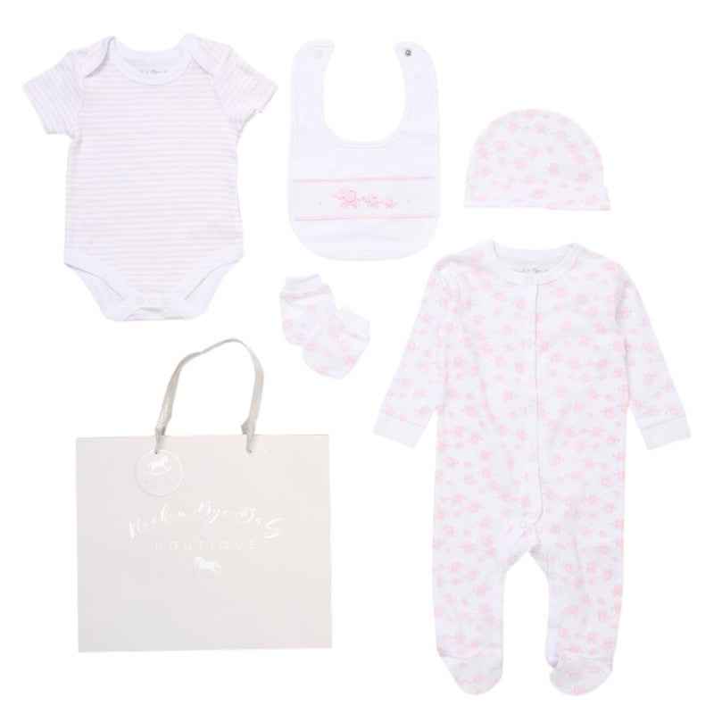 Baby Girl Ditsy Floral 5 Piece Gift Set flatlay showing sleepsuit, bodysuit, smocked bib, hat, scratch mittens and gift bag