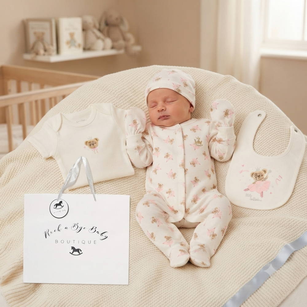 Baby girl wearing ballerina bear print sleepsuit with matching hat and mittens, with coordinating bodysuit and bib gift set