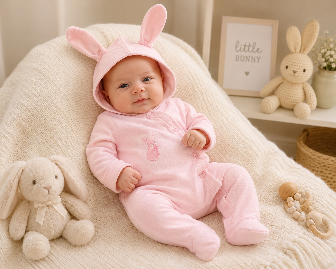 Baby girl wearing pink bunny ears all-in-one sleepsuit with embroidered bunny motif and footed feet