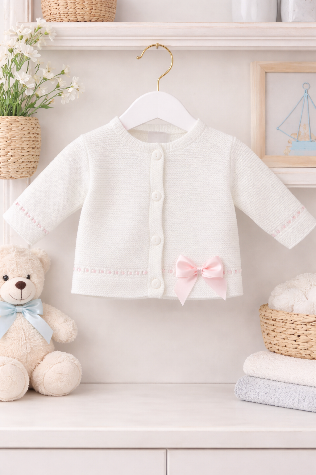 White baby cardigan with a pink bow on a hanger, surrounded by teddy bear and folded clothes in a nursery setting.
