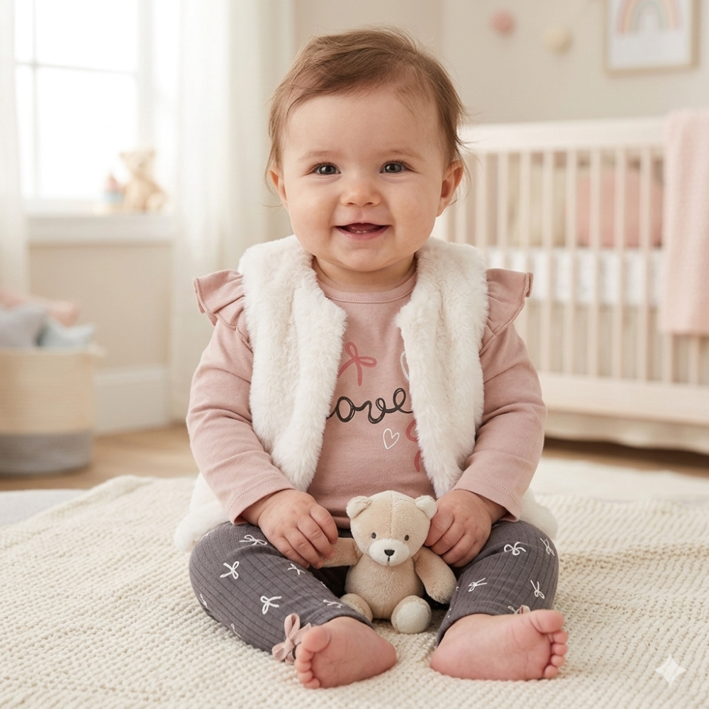 Baby girl sitting up smiling wearing a cream faux fur gilet over a pink love slogan top with grey bow print leggings