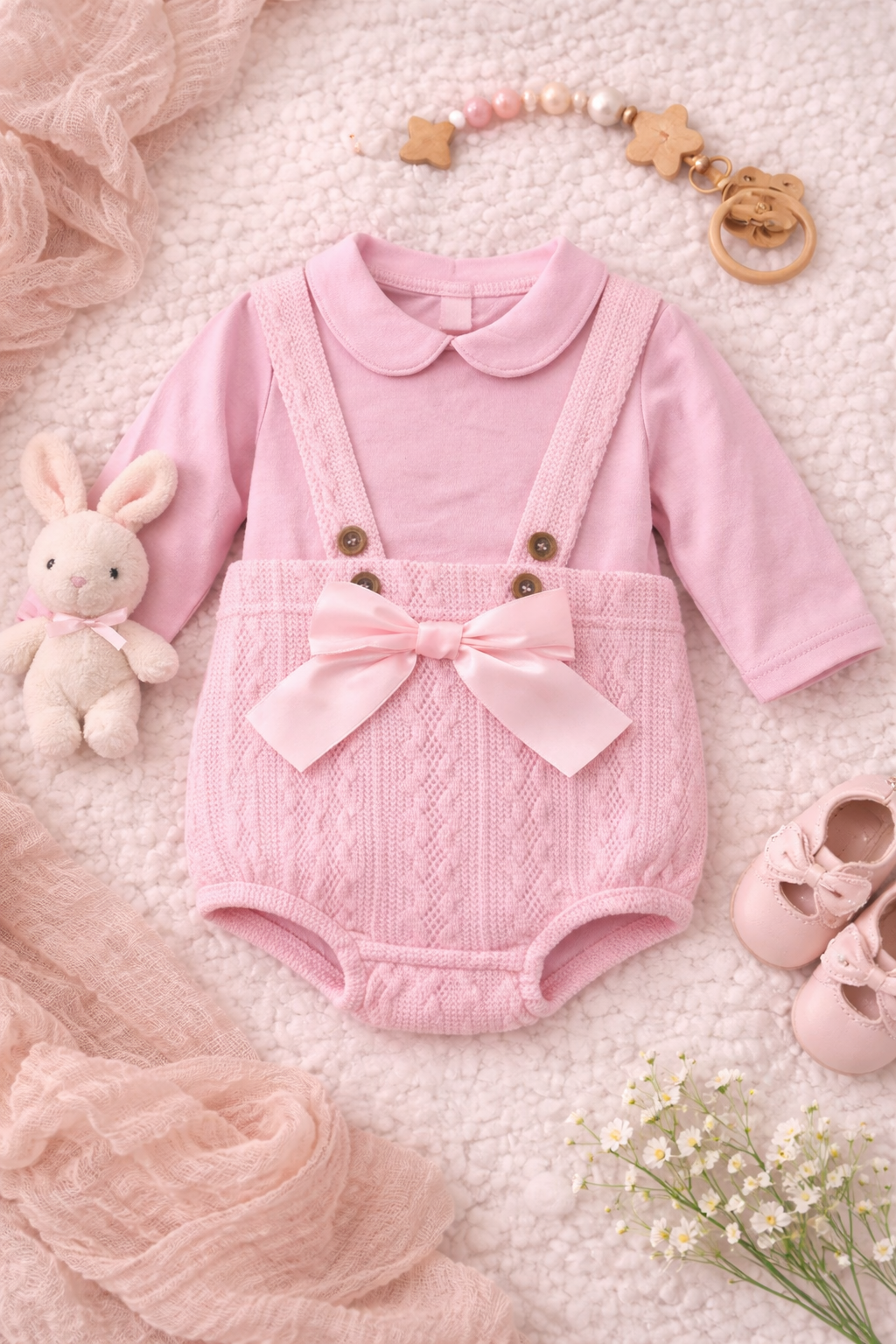 Pink baby romper with bow, bunny toy, and shoes on a soft surface
